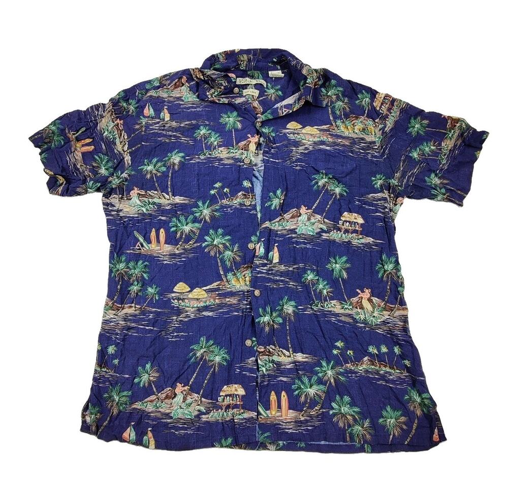 Batik Bay Shirt Mens Large Blue Hawaiian Tropical Short Sleeve Button Up Rayon